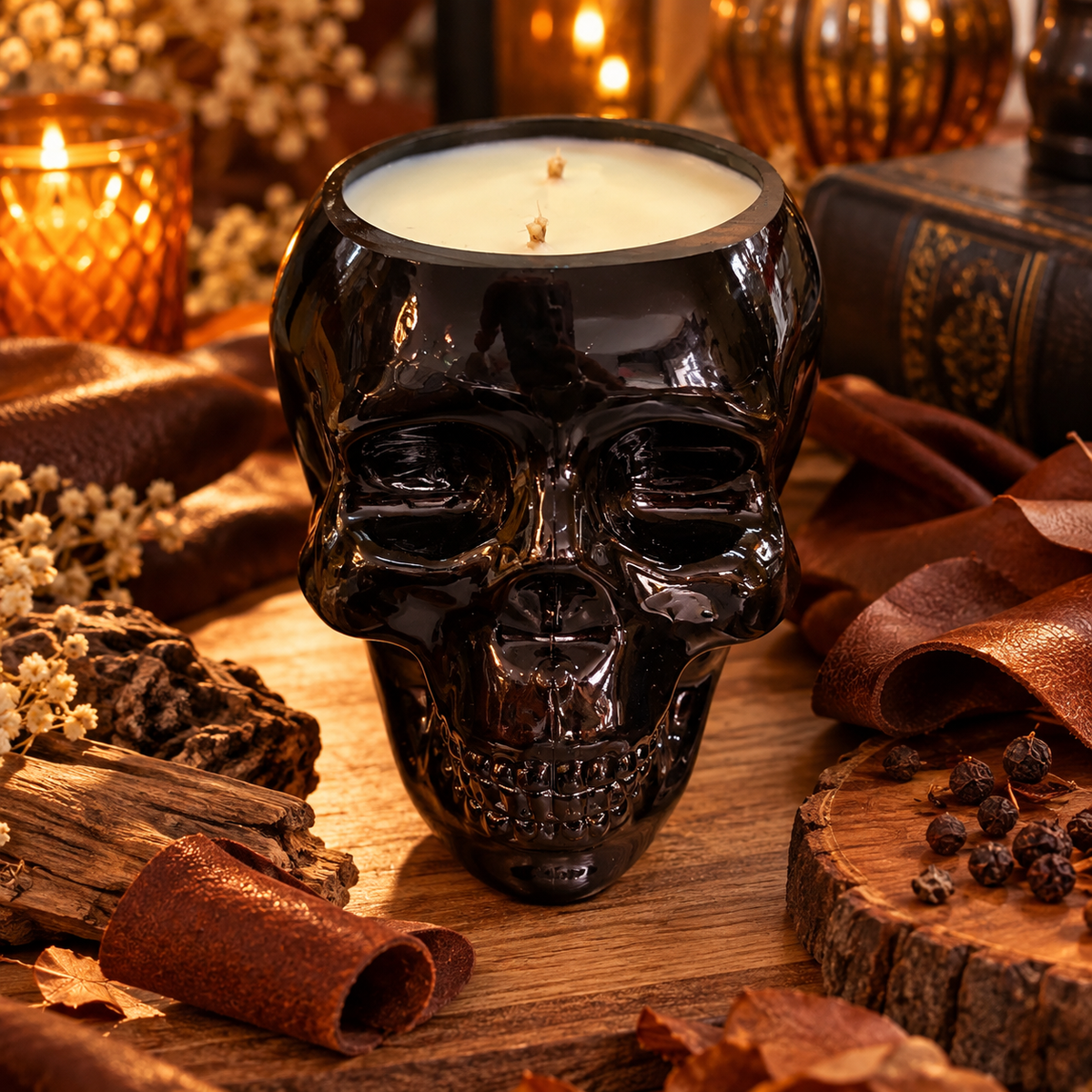 💀 Bougie Tête de Mort — parfum Cuir & Bois